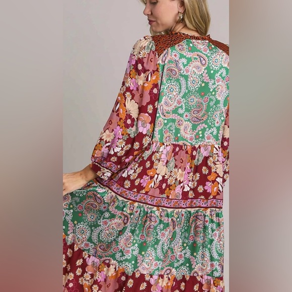 NWT Umgee Boutique Boho Hippy Floral Print Dress S-2X green burgundy mix - Picture 12 of 16